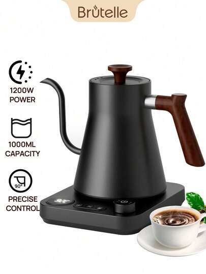 Brutelle 1200瓦温控电水壶，不锈钢材质，900毫升容量，自动断电，一键保温，黑色，家用厨房咖啡角
