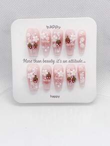 10Pcs Handmade Medium Almond Acrylic Press On Nails, Coquette French 3D Strawberry Fake Nails, Lace Bow Pearl Floral Nude Gradient Tips, Cottagecore Soft Girl Manicure For Bridal Vacation Daily Party Wear, Reusable Easy To Apply - Pink - View 6