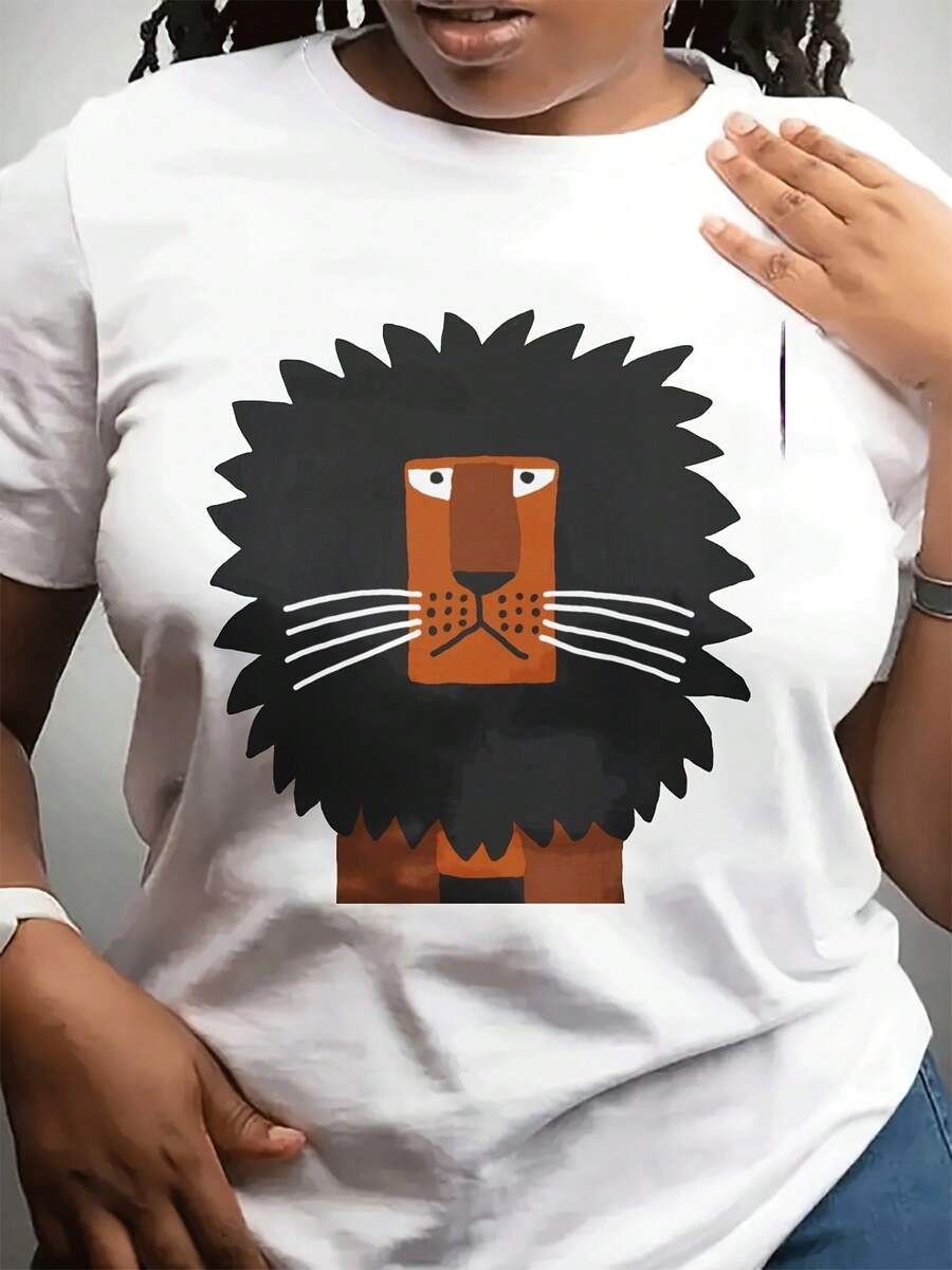 Women's Fashionable Casual Crew Neck T-Shirt For Mother's Day | Short Sleeve, Lightweight Stretch Fabric, Geometric Lion Print, Perfect For Daily Wear And As A Gift For Friends And Family - 白色 - 查看 1