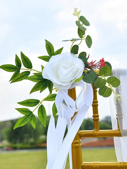 1/2/4/6pcs Wedding Chair Back Flowers, Wedding Aisle Decor Set, Rose Wedding Chair Decorations With Leaves And Ribbons, Including Church Pew Floral Decor, Suitable For Wedding Ceremony And Reception Chair Decoration, Proposal, Anniversary, Church Pew, Party Photography Decor, Made Of Artificial Flowers, Eucalyptus Leaves And Ribbons, Wedding And Home Decor