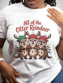 Camiseta casual de moda de cuello redondo de las mujeres de Navidad con tres patrones de linterna de lontra con capucha Tema de Navidad - Blanco - Ver 2