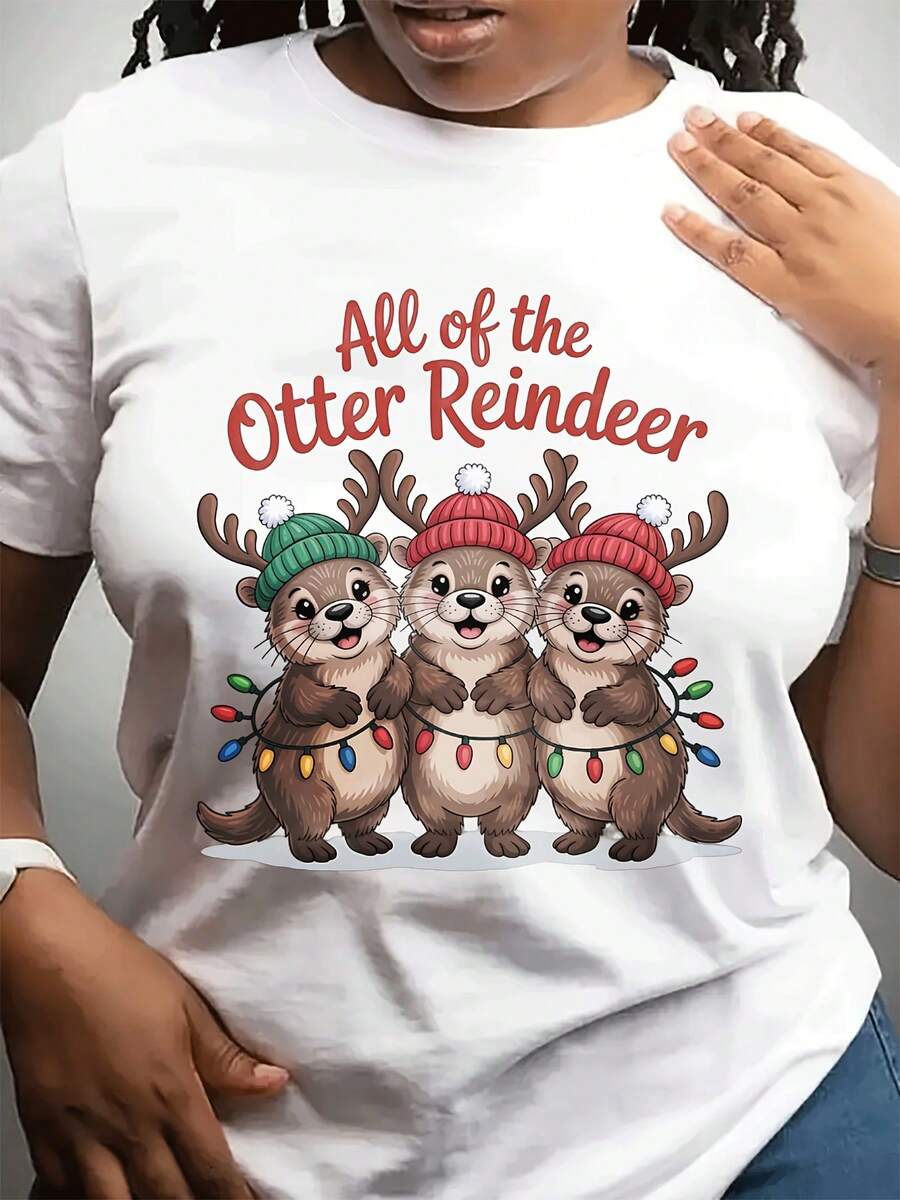 Camiseta casual de moda de cuello redondo de las mujeres de Navidad con tres patrones de linterna de lontra con capucha Tema de Navidad