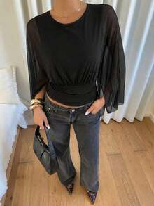 Women's Solid Color Round Neck Pleated Casual Versatile Daily Wear T-Shirt - màu đen - Xem 5