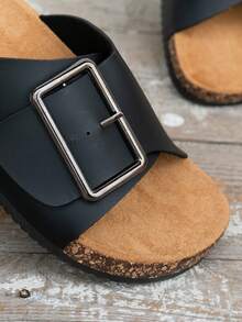 Women's Casual Fashion Flat Sandals For Summer, With Arch Support And Adjustable Buckle, Wear-Resistant Non-Slip, Round Toe Single-Strap Slides - Black - View 7