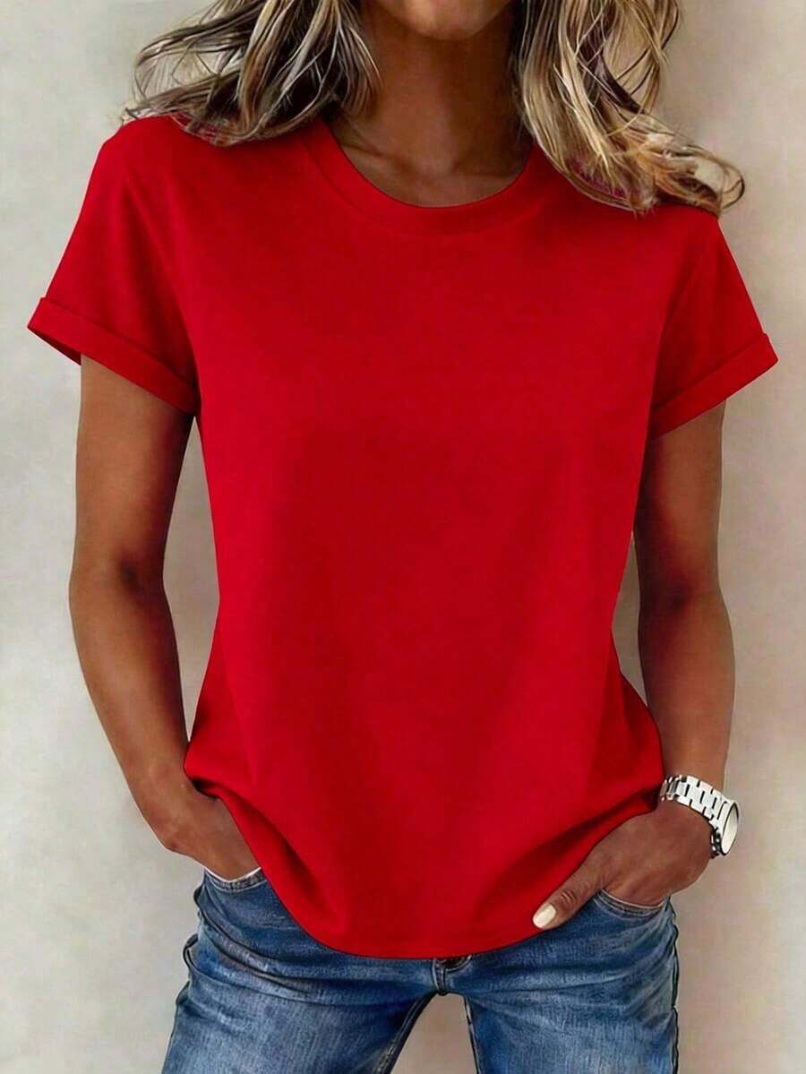 Camiseta de mujer de unicolor, de cuello redondo y manga corta, de uso diario y minimalista - Rojo 2 - Ver 1
