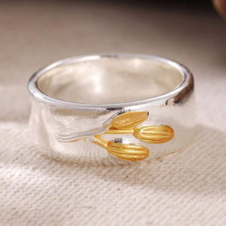 女士时尚戒指，简约3D郁金香设计，适合派对和节日佩戴 - 雙色 - 查看 12