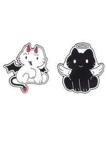 动漫天使与恶魔猫咪卡通珐琅徽章 可爱黑白猫翅膀胸针 背包翻领徽章 猫咪爱好者礼物 - 黑與白 - 查看 13