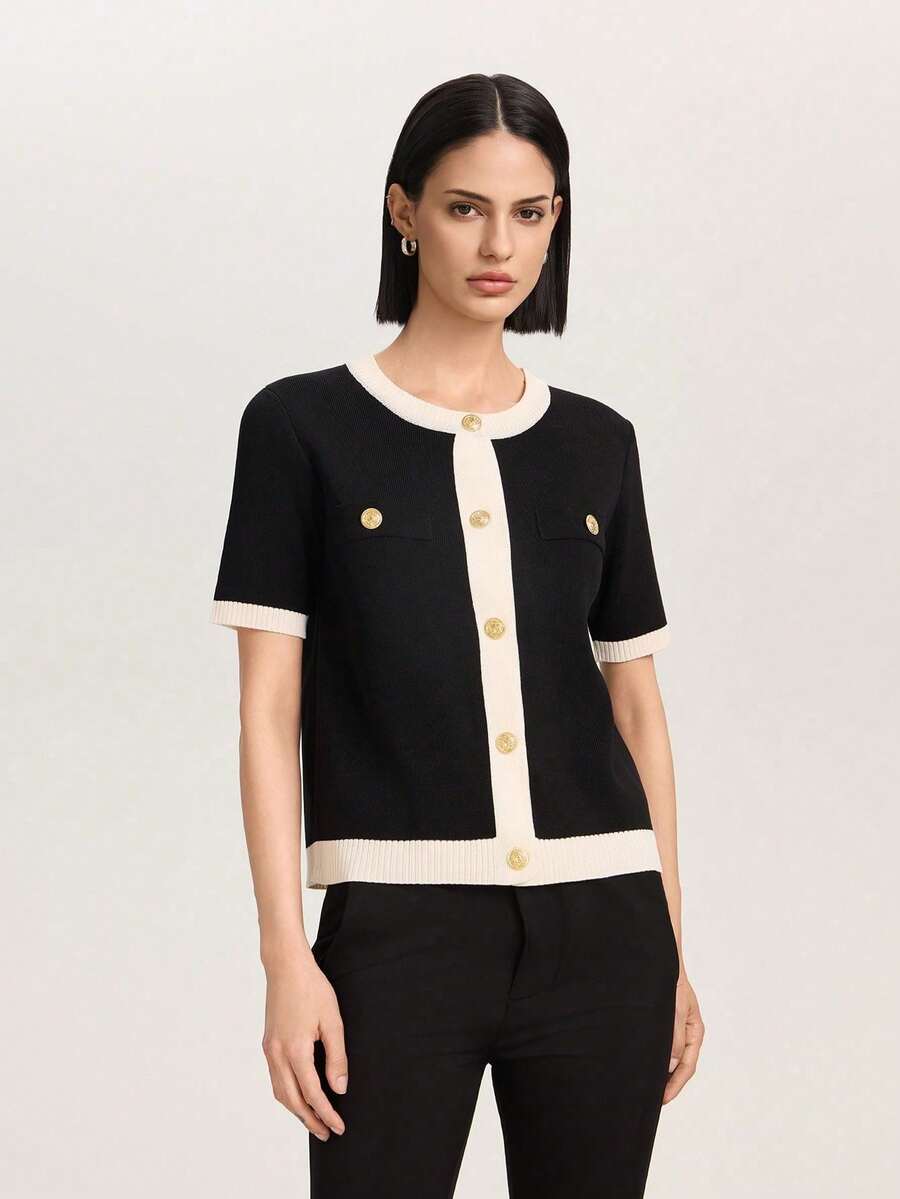 Women's Contrast Color Short Sleeve Single-Breasted Knit Cardigan - Black and White - View 1