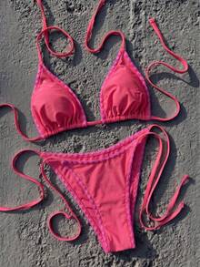 Women's Colorblock Ruffle Trim Bikini Set, Featuring Adjustable Triangle Cups And Tie Design, Suitable For Beach Vacation And Retro Style Summer - Coral Pink - View 3
