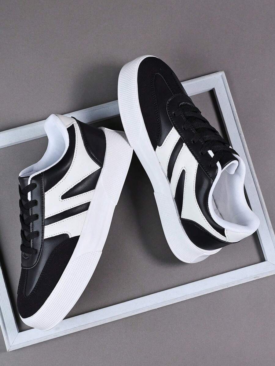 时尚休闲男士平底厚底鞋,经典时尚男士运动滑板鞋系带跑步鞋,个性化男士运动鞋街头休闲鞋 - 黑色 - 查看 1