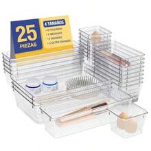 OSLIFE 25 PCS Organizadores de Cajones Cajas Organizadoras de Plástico en 4 Tamaños Diferentes Organizador de Maquillaje Organizadores de Acrilico para Cocina Escritorio Baño Joyas - Transparente - Ver 8