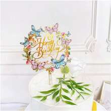 1pc/3pcs Acrylic Gold Plated Flower & Butterfly Cake Topper, Birthday Party Decor - Multicolor - View 9