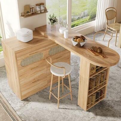 Bartisch Mit 6 Schubladen & PE Rattan Türen, 360° Drehbarer Stehtisch Mit Kippsicherung, Viel Stauraum, Metallgriffe, Bistrotisch Für Wohnzimmer, Küche, Esszimmer, Arbeitsbereich