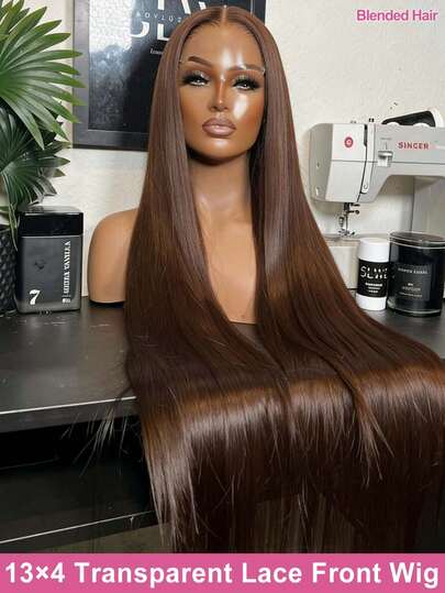 34 Inch 200% Density Long Straight 5*5 13*4 Lace Front Wigs #4 Chocolate Brown Color Pre Plucked Pre Cut Glueless HD Transparent Lace Frontal Wigs Wear And Go Brazilian Virgin No Glue Needed Easily To Wear Human Frontal Hair Weaves Wigs Blended Hair