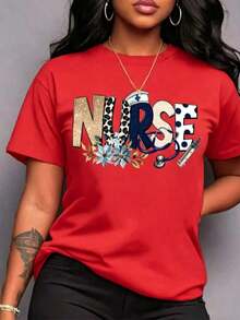 Camiseta Clásica de Mujer con Estampado de Enfermera - Diseño Temático, Manga Corta, Cuello Redondo, Corte Holgado, Transpirable y Lavable aáquina, en un Brillante Azul Turquesa con Patrones de Estetoscopio y Jeringa, un Divertido Atuendo de Enfermería Adecuado para Uso Casual en Primavera, Verano y Otoño, para el Día de la Enfermera y como Ropa de Trabajo Diaria. - Rojo - Ver 5