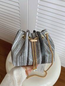 Mini New Fashion Straw Woven Gold Chain Drawstring Bucket Bag, Beach Bag - Black - View 3