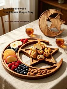 1pc Star & Moon Shaped Wooden Tray, Wooden Star & Moon Decor, Serving Tray, Kitchen Storage Tray, Tableware Wooden Tray, Cake Tray, Snack Tray, Fruit Tray, Kitchen & Bathroom Tray, Birthday Display Stand, Wedding Candy Tray - Brown - View 2