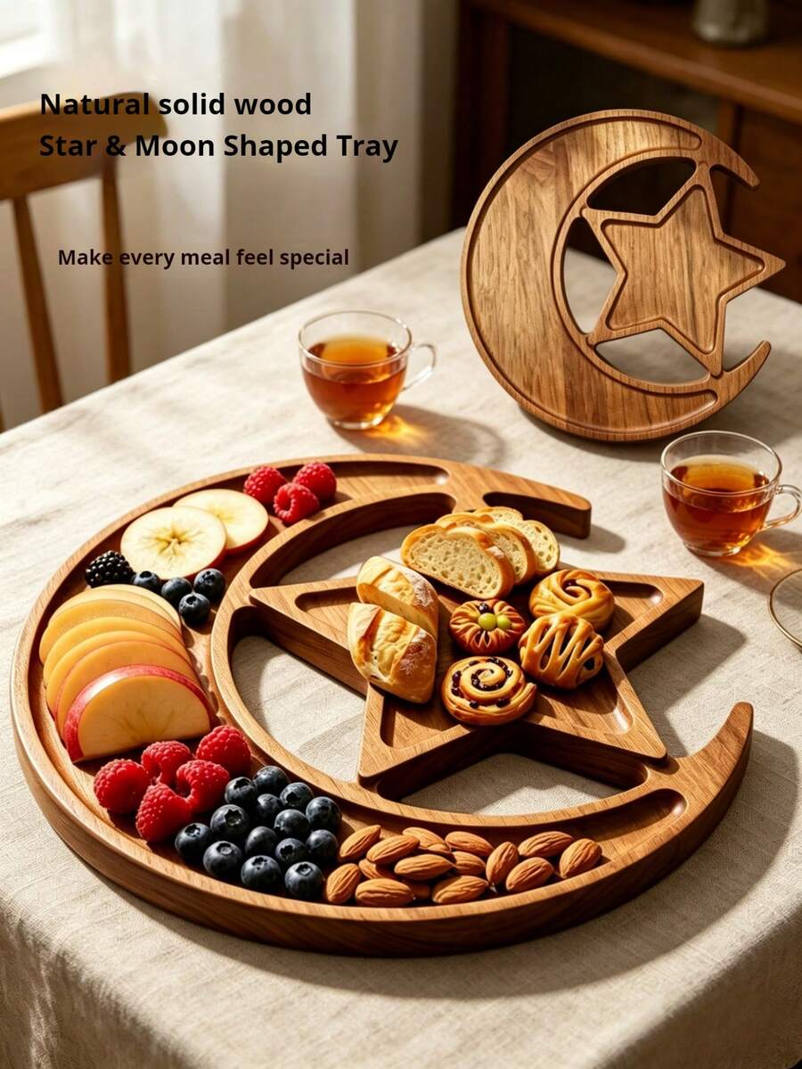 1pc Star & Moon Shaped Wooden Tray, Wooden Star & Moon Decor, Serving Tray, Kitchen Storage Tray, Tableware Wooden Tray, Cake Tray, Snack Tray, Fruit Tray, Kitchen & Bathroom Tray, Birthday Display Stand, Wedding Candy Tray