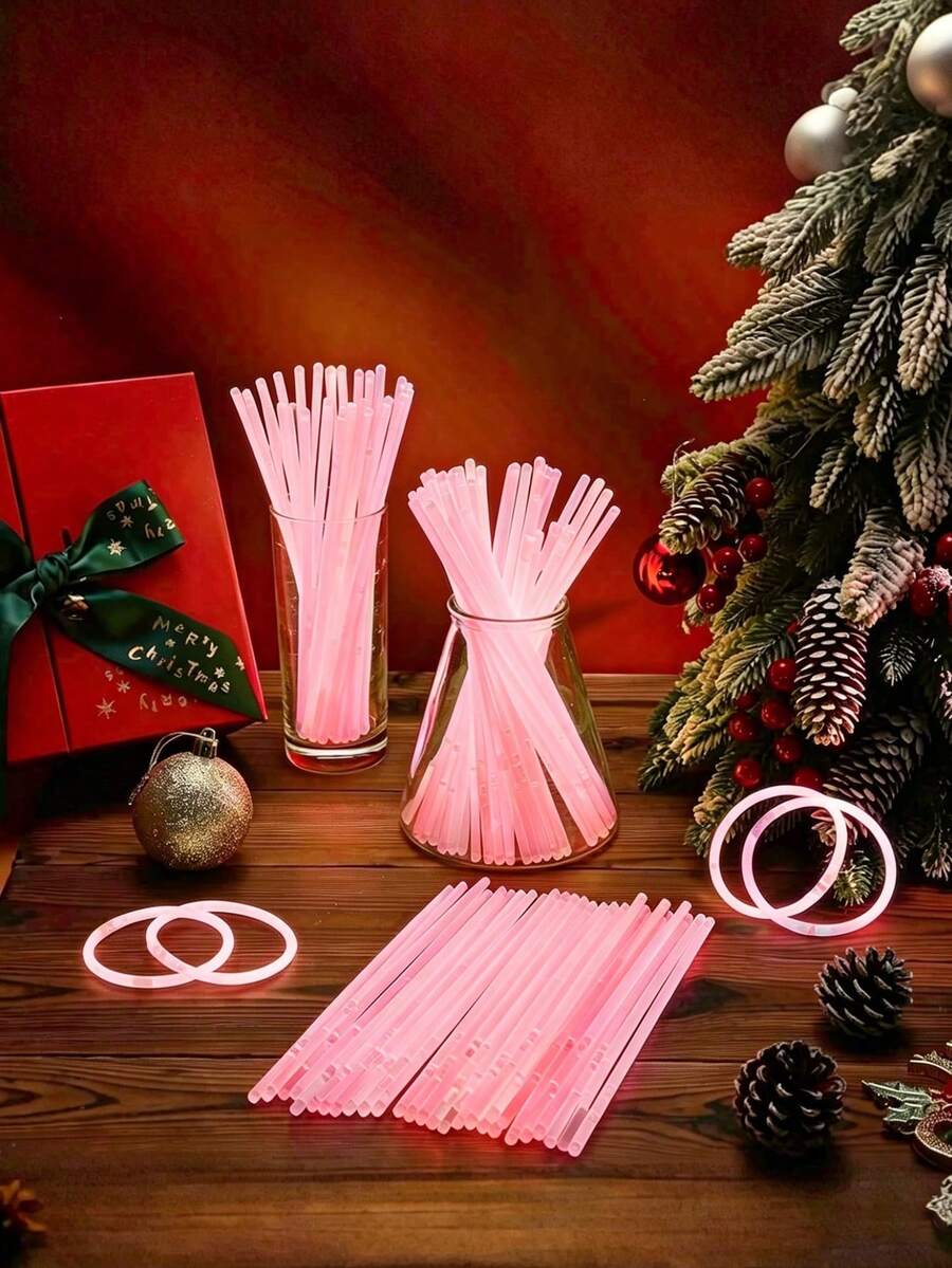 25/50/100pcs, 8-Inch Pink Glow Sticks Set, High Quality Super Bright Glow Sticks, Long-Lasting Luminous, DIY Bracelets, Necklaces, Colorful Party Glow Sticks, Suitable For Parties, Gatherings, Bride & Groom Decor, Glow Party Supplies, Luminous, Gift Recommendation, New Year Gift, Christmas Decor, Home Christmas Gift - Pink - View 1