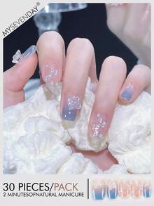 30pcs Square Short Acrylic Nail Tips, Icy Fog Blue Gray Gradient Butterfly Rhinestone Nail Stickers - 彩色 - 查看 1