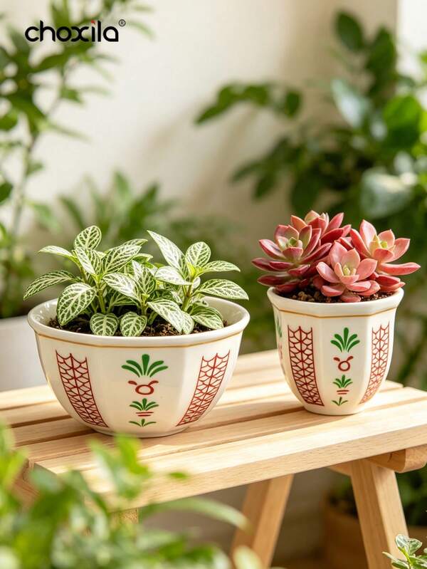 choxila 1pc Middle Eastern Style Date Palm Pattern Ceramic Planter, Decorative Geometric Design, Ceramic Mini Vase, Succulent Pot, Home Decor, Suitable For Indoor/Outdoor Home, Office, Garden, Spring/Summer Gardening