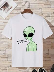 Men's T-Shirt With Alien Letter Print - Putih - View 8