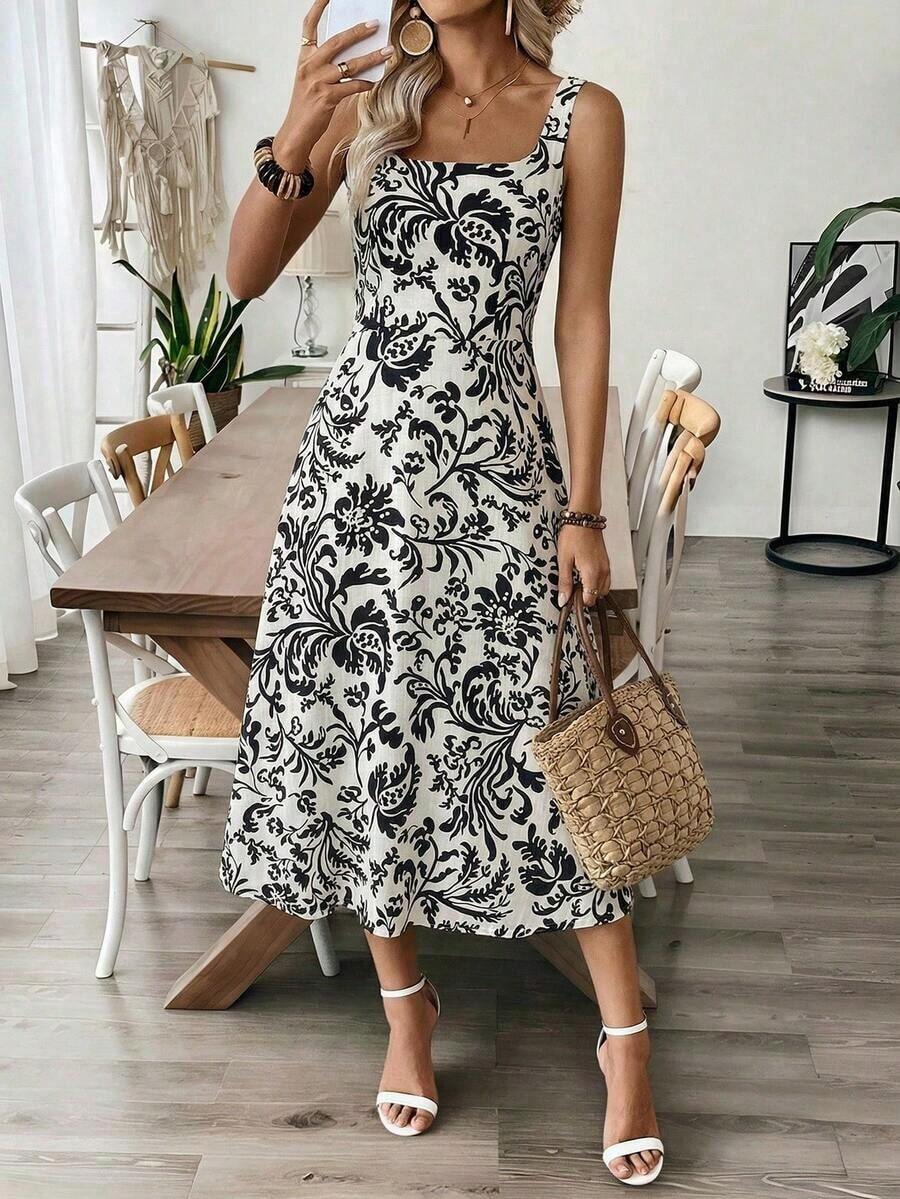 Vestido midi casual de mujer con estampado floral, adecuado para vacaciones de verano - Albaricoque - Ver 1