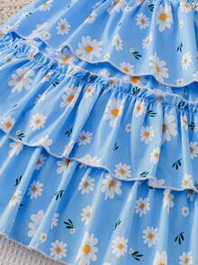 Conjunto de Regata com Alça Fina e Babado na Barra e Saia Estampada com Camadas Múltiplas de Margarida para Meninas, Roupa Leve e Confortável para Brincadeiras ao Ar Livre no Verão - Azul bebê - Visão 4