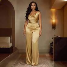 2026 New Style Champagne Gold Satin Jumpsuit Sleeveless Swing Collar Waist-Cinching Women's Jumpsuit Wide-Leg Pants Sleeveless Casual Short Jumpsuit Summer, Vacation, Poolside & Weekend Getaways TE2J - 紅色 - 查看 3