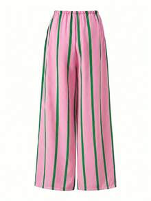 Pantalones de Verano para Mujer, de Pierna Ancha, a Rayas Rosas, de Cintura Alta, Casuales, Holgados, Estilo Bohemio, de Pierna Recta, Largos - Rosa Verde - Ver 5