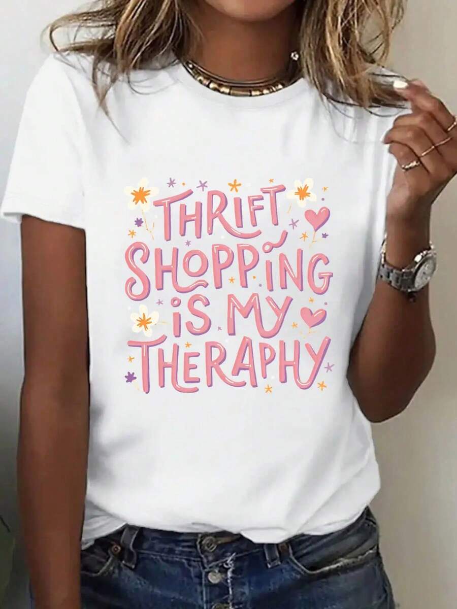 Un traje de verano - camiseta corta de las mujeres - "ahorrar es mi relajación" Corazón y patrón de estrella Impresión - Top de verano casual blanco, adecuado para uso diario, compras y reuniones sociales, moda de verano nuevo producto, regalo del día.