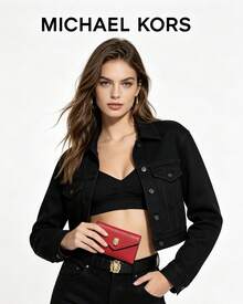 Michael Kors Ví cầm tay nhỏ MK, ví da có nắp gập, ví đựng tiền xu - Đỏ - Xem 1