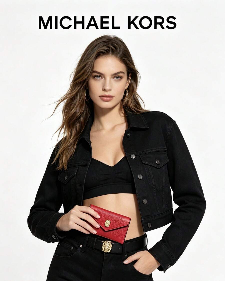 Michael Kors Ví cầm tay nhỏ MK, ví da có nắp gập, ví đựng tiền xu - Đỏ - Xem 1