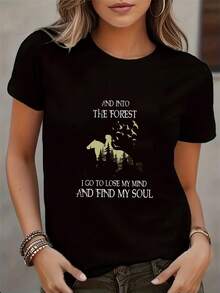 Women's Slim Fit Short Sleeve T-Shirt - Black Geometric Horse & Forest Print With Inspirational Quote, Breathable Semitransparent Fabric, Round Neck Casual Top, Machine Washable All-Season Blouse For Casual Attire & Smart Casual Outfits - 黑色 - 查看 1
