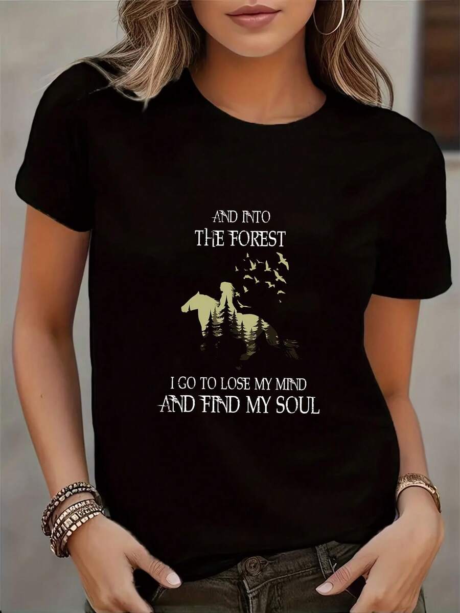 Women's Slim Fit Short Sleeve T-Shirt - Black Geometric Horse & Forest Print With Inspirational Quote, Breathable Semitransparent Fabric, Round Neck Casual Top, Machine Washable All-Season Blouse For Casual Attire & Smart Casual Outfits - 黑色 - 查看 1