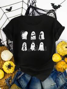 Women's Black Cat Hug T-Shirt - Short Sleeve Crew Neck T-Shirt With Cat Hug Print, Machine Washable, Suitable For Halloween, Christmas Gifts, Casual Wear, Year-Round Wardrobe Essential - 黑色 - 查看 1