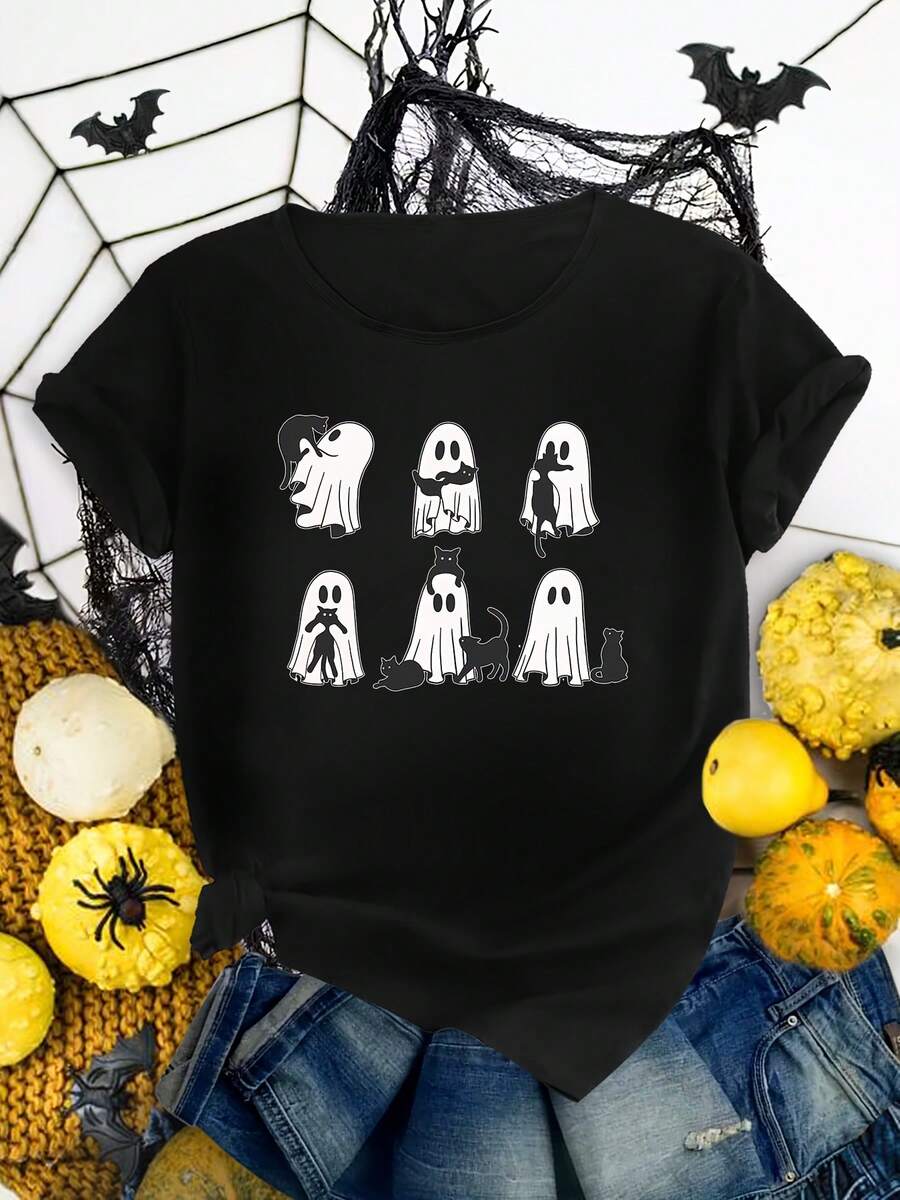 Women's Black Cat Hug T-Shirt - Short Sleeve Crew Neck T-Shirt With Cat Hug Print, Machine Washable, Suitable For Halloween, Christmas Gifts, Casual Wear, Year-Round Wardrobe Essential - 黑色 - 查看 1