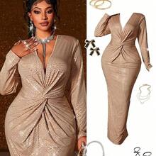 Maweii Plus Size Women's Elegant Shiny Silver Sequin Knit High Stretch Fabric Crossover V-Neck, Padded Shoulder, Waist Cinched Design, Women's Plus Size Autumn/Winter New Style, Suitable For Concerts, Fashionable Versatile Outerwear, Night Dates, Christmas, New Year, Fashionable Long Sleeve DressValentine's Day - Caqui - Ver 4