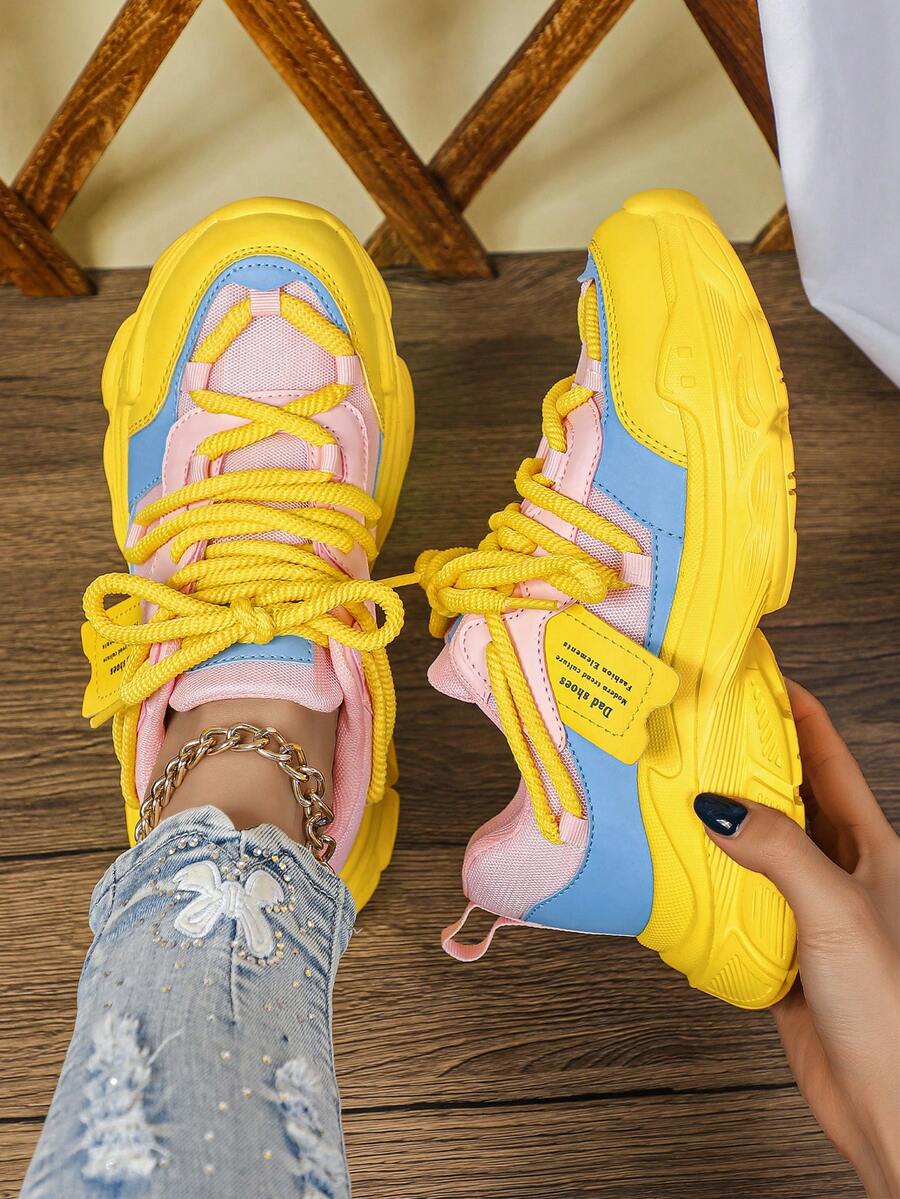 Dopamine Fashion 女款坡跟厚底運動鞋，多色網布拼接，街頭風厚底粗獷運動鞋，四季百搭時尚女鞋