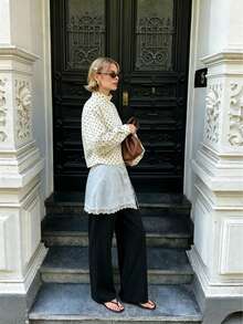 Women's Polka Dot High-Neck Long-Sleeve Shirt Jacket, Featuring Hidden Button Details, And A Minimalist Silhouette White - White - View 5
