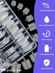 150pcs Pointed Square Toe Nail Stickers, Matte Full Coverage Press-On Nail Extensions, Acrylic Fake Toenails With 15 Sizes In Storage Box, Suitable For DIY Nail Salon, Can Be Used As Mother's Day Gift - Clear - View 3