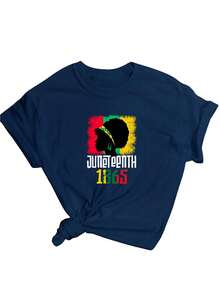 Comfortable Chic Women T-Shirt 'Juneteenth 1865 Emancipation Day Text' Alphabet Logo Printed Casual, Comfortable, Versatile Summer Y Simple Round Neck - 藍色 - 查看 7