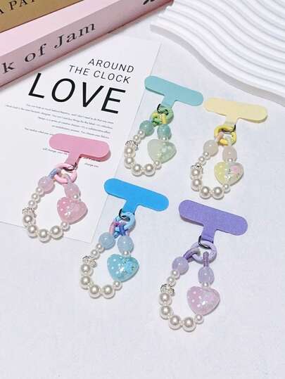 1 chiếc dây đeo cổ tay mini hình trái tim đính ngọc trai kiểu Macaron, 5 màu, phụ kiện điện thoại chống rơi ngọt ngào và đa năng.