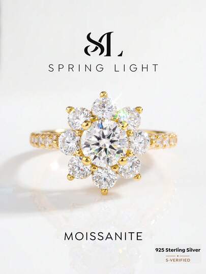 1 pieza Anillo de Flor de Girasol de Moissanita de 1 Quilate de Plata de Ley 925, Elegante y Lujoso, Adecuado para Compromiso, Boda, Cumpleaños de la Mejor Amiga, Aniversario o Joyería Nupcial
