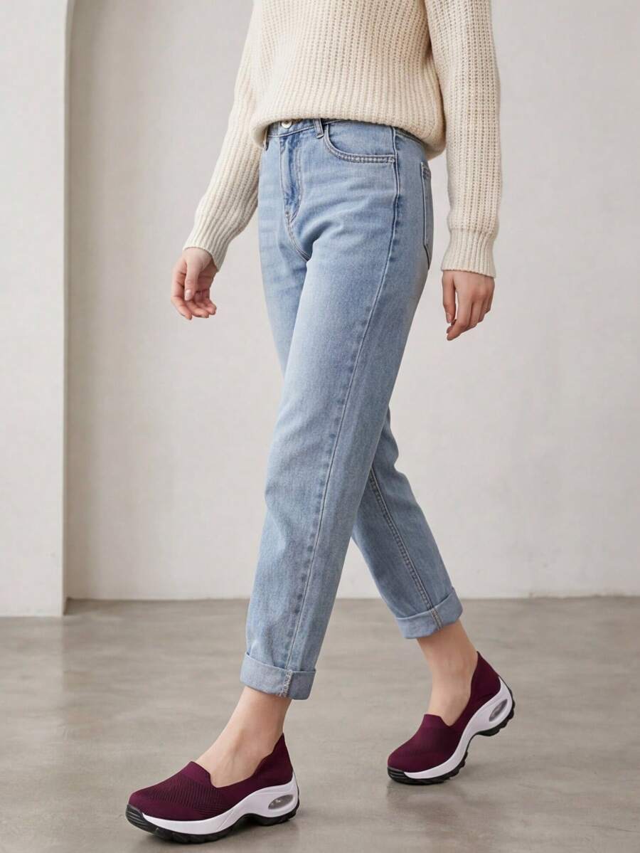女士经典黑色休闲运动套脚摇摆鞋，针织气垫舞蹈运动鞋