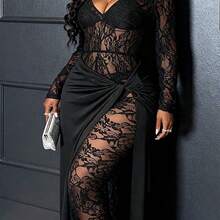 Autumn/Winter New Sexy Party & Birthday Party & Evening & Banquet & Date & Elegant Fitted Solid Black Sheer Lace Long Sleeve Bottom Patchwork Twist Waist Deep V-Neck Maxi Jumpsuit For Plus Size Women Valentine's Day Outfit - Negro - Ver 2