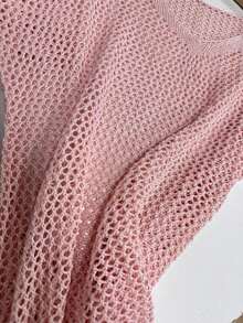 Suéter de malla transparente de manga corta con cuello en V de ganchillo para mujer, estilo bohemio holgado, para playa, color rosa, ideal para invitadas de boda, novias, madres, vacaciones, cruceros, viajes de luna de miel a islas. - Rosa - Ver 4