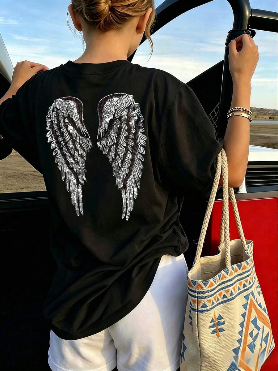 Girls' Navy Blue Round Neck T-Shirt, Angel Wings Rhinestone Print On Back Short Sleeve Casual Top - Black - View 1