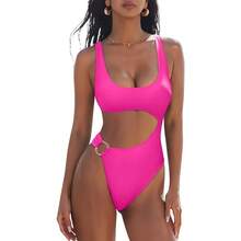 Women's Cutout One Piece Swimsuit, Scoop Neck High Cut Monokini With Side Cutout & Gold Ring Accent, Tummy Control Swimwear For Beach, Pool And Summer Vacation, 7 Colors Available - 玫紅色2697-4 - 查看 10