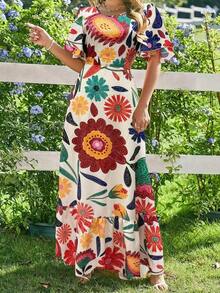 Vestido maxi con manga corta y cuello redondo, con estampado floral francés y volantes, outfit de vacaciones y playa para mujer - Naranja - Ver 5